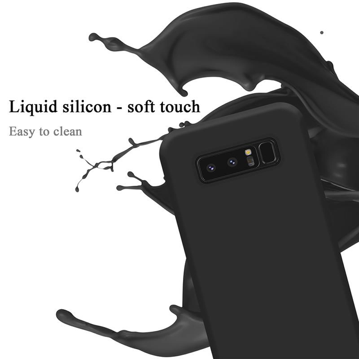 Schwarze Handyhülle mit schwarzem Flüssigkeitsspritzer. Text: Flüssiges Silikon - Soft-Touch. Leicht zu reinigen.