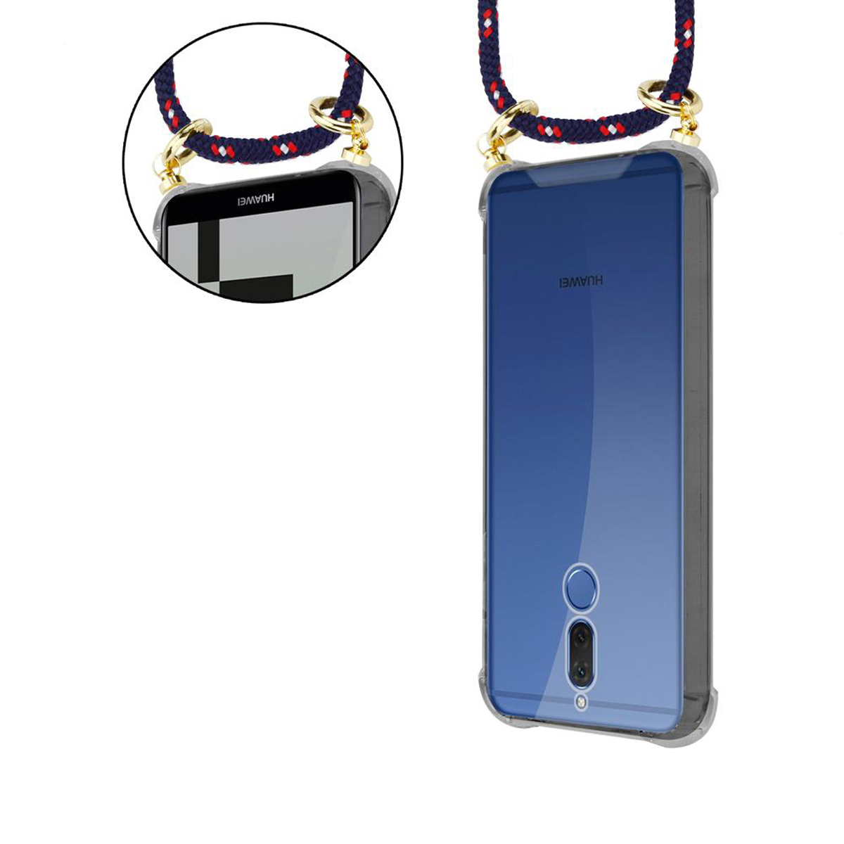 Telefono in una custodia trasparente con un cordino. Il telefono è un Huawei.