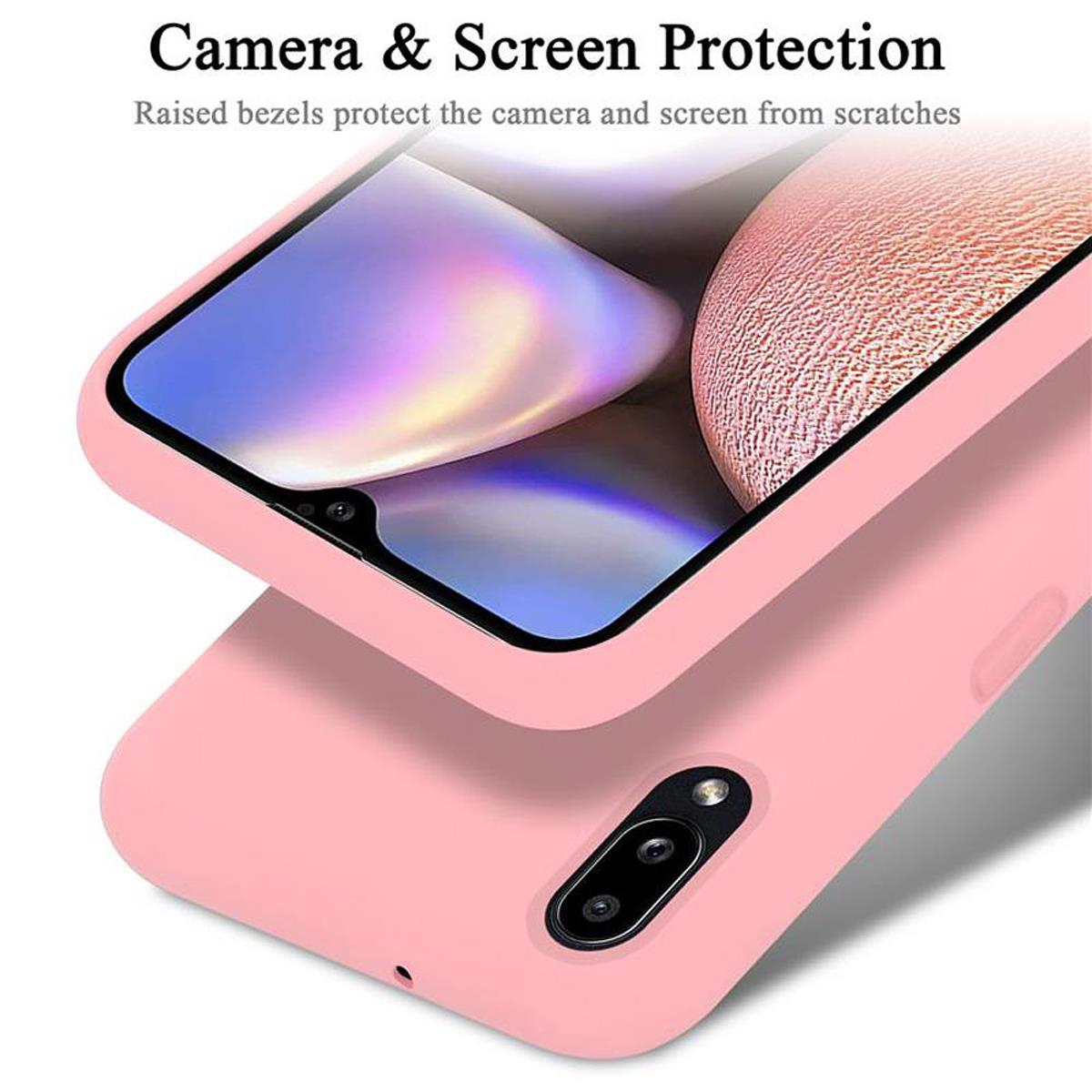 Rosa Handyhülle mit erhöhten Kanten, die Bildschirm und Kamera schützen. Das Telefon ist hellrosa.