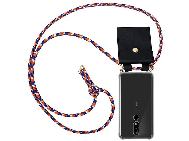 CADORABO Handy Kette mit Gold Ringen, Kordel Band und abnehmbarer Hülle, Backcover, Nokia, 5.1 PLUS / X5, ORANGE BLAU WEIß
