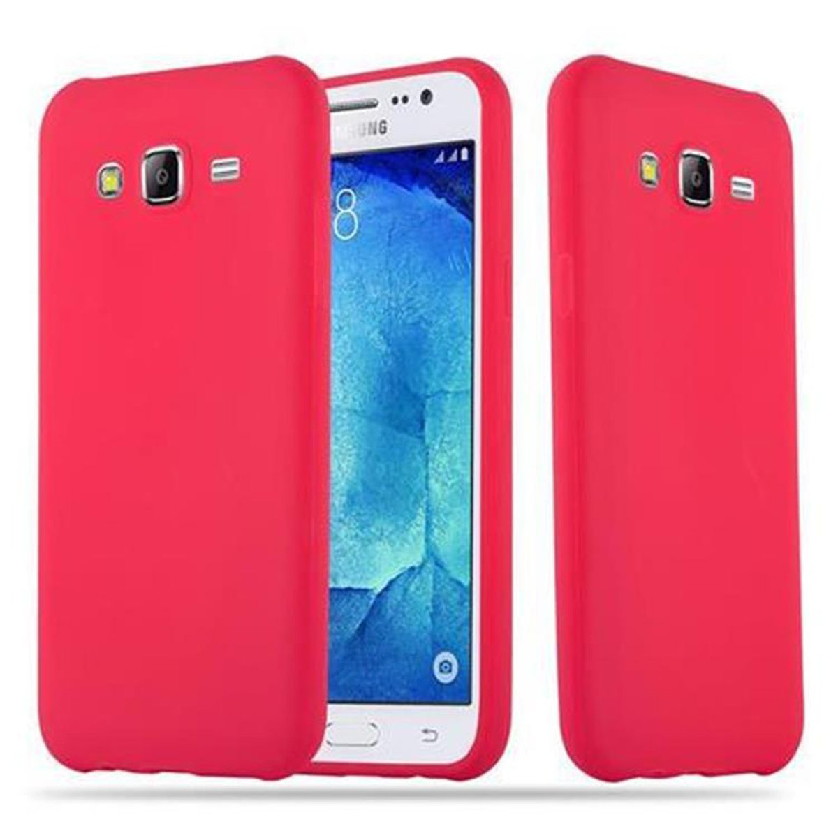 Fundas rojas para teléfono. Una está en el teléfono, la otra al lado. Fondo blanco.