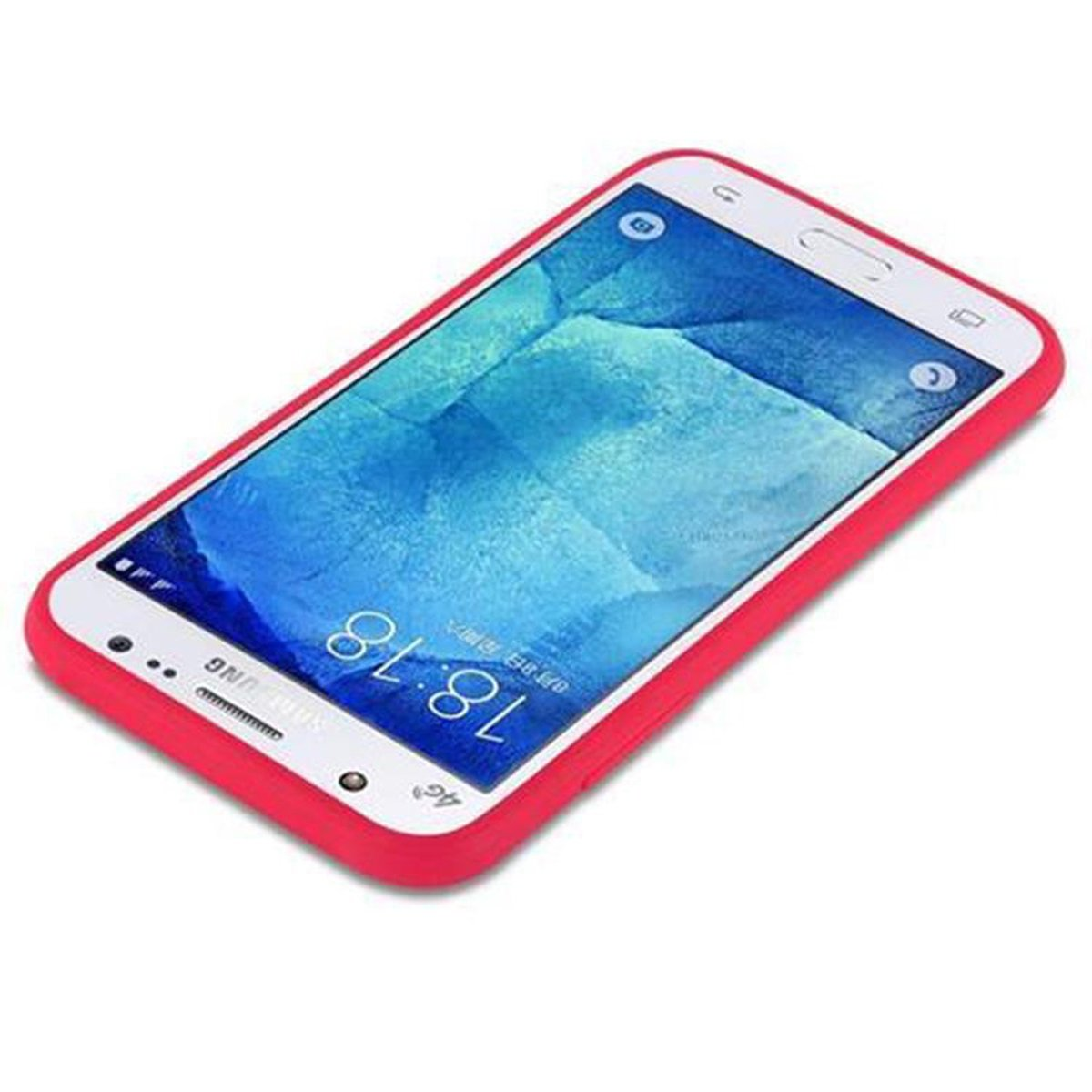 Funda de teléfono roja con un teléfono blanco dentro. El teléfono muestra una interfaz.