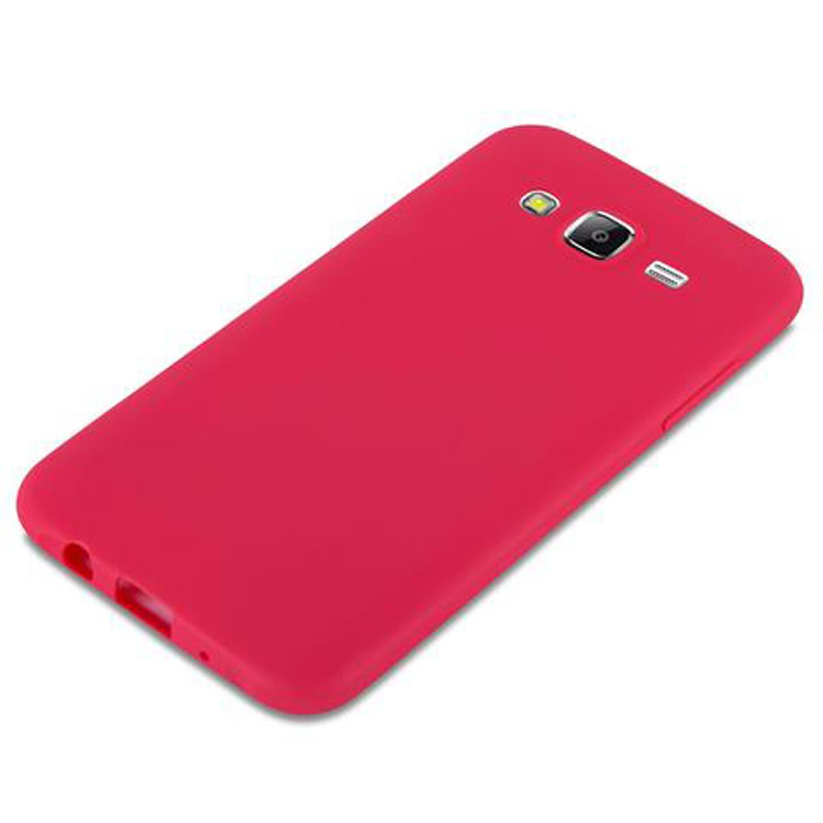 Una funda de teléfono roja con cámara y otros recortes. Fondo blanco.