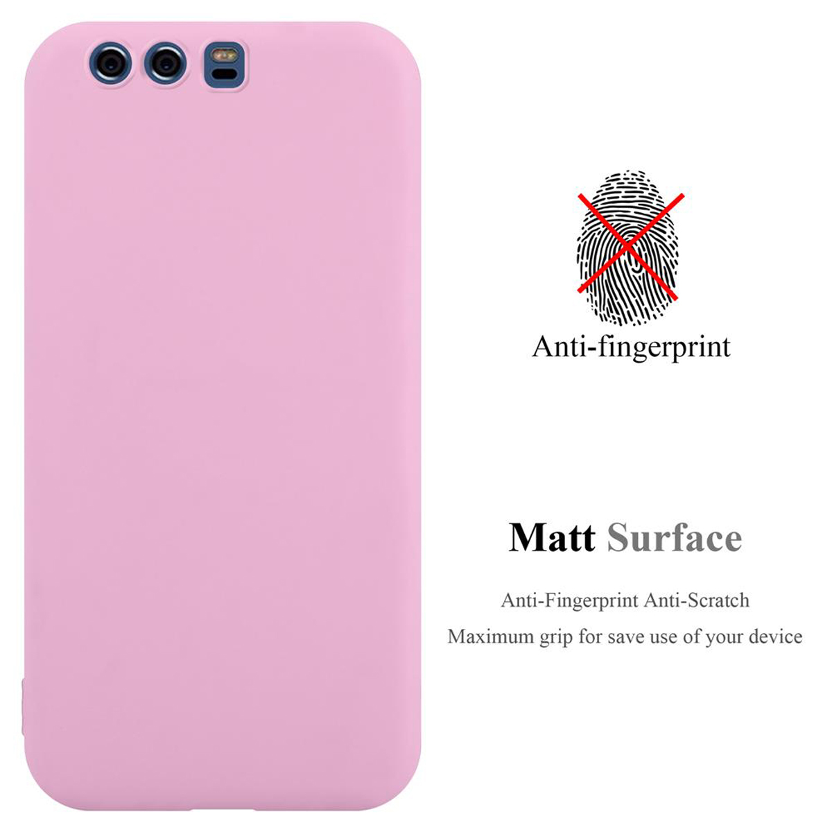 Custodia rosa per telefono con testo e simbolo anti-impronta, e una descrizione della superficie opaca.