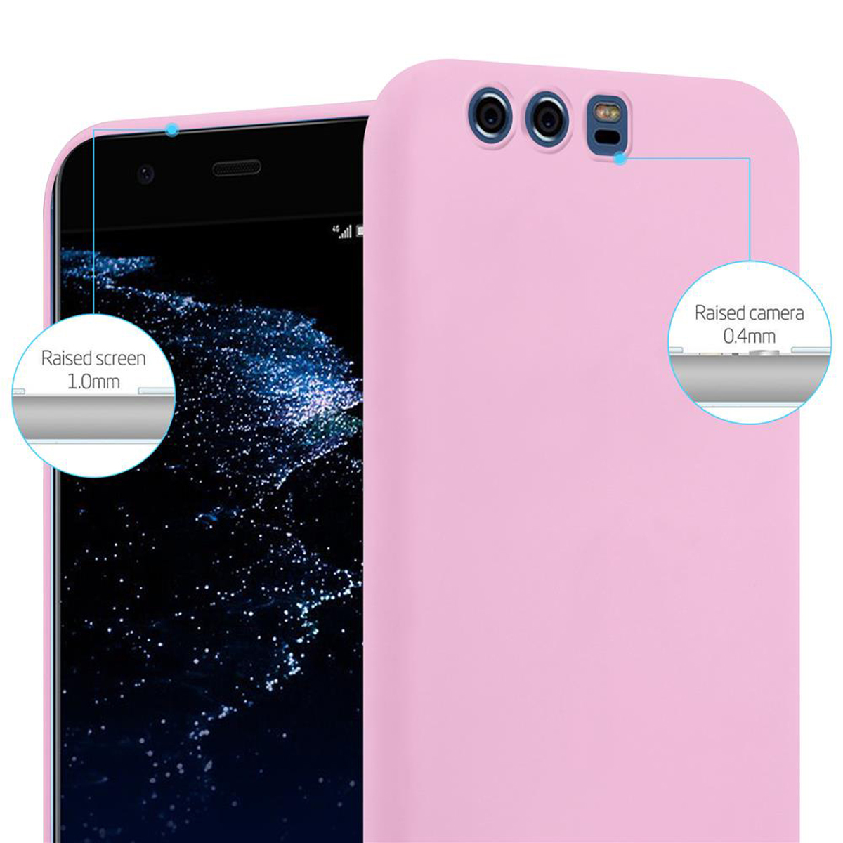 Custodia rosa per telefono. Mostra dettagli schermo e fotocamera rialzati, con misure.
