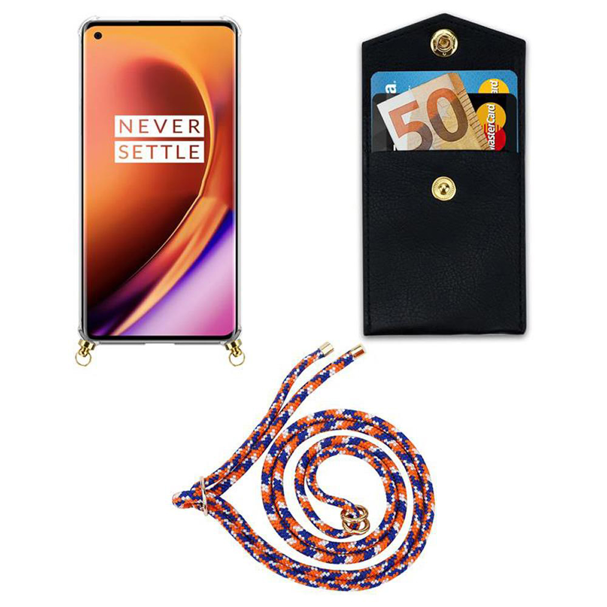 ORANGE OnePlus, BLAU Ringen, CADORABO WEIß abnehmbarer 8 PRO, und Gold Hülle, Kordel Kette Handy Backcover, Band mit