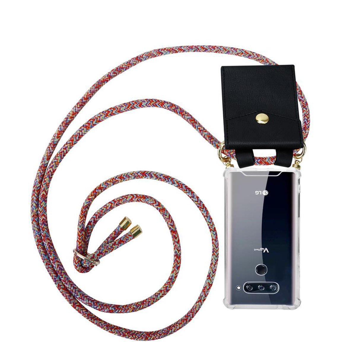Ein Telefon mit einem bunten Kabel und einer schwarzen Tasche. Das Telefon ist schwarz.