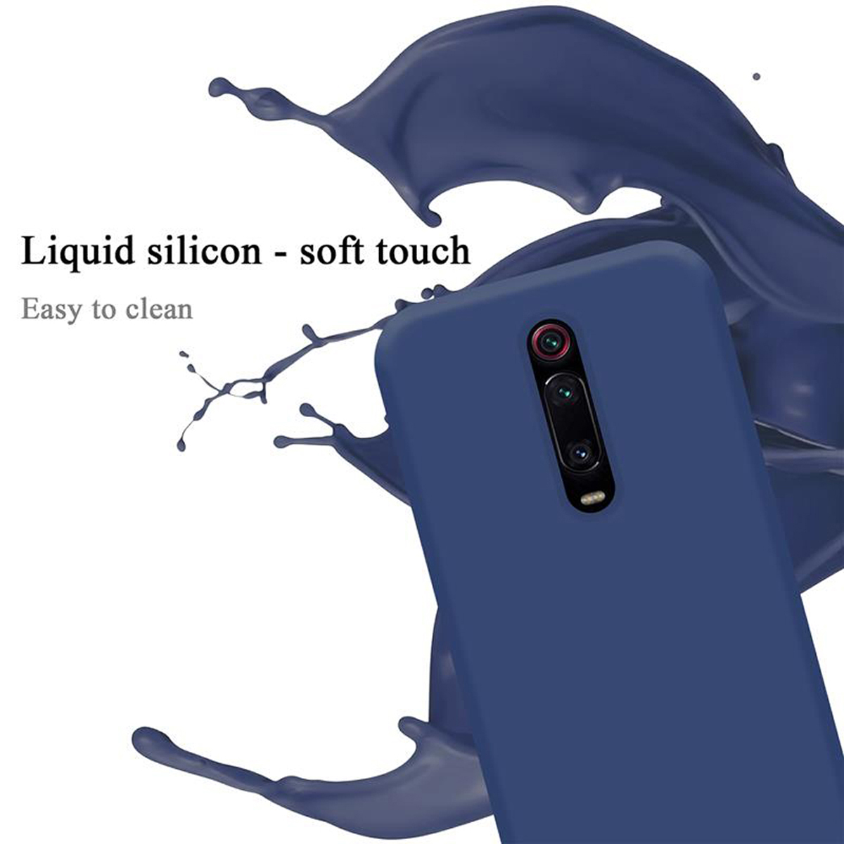Una custodia blu per telefono con schizzi di liquido. La custodia è facile da pulire. Primo piano della fotocamera del telefono.