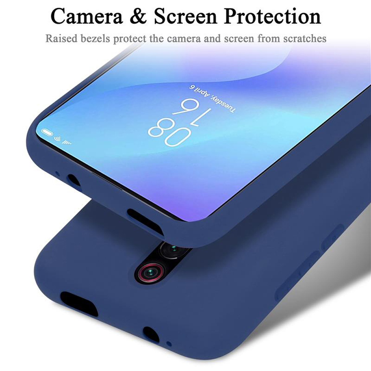 Custodia blu per telefono che protegge un telefono. Lo schermo del telefono mostra ora e data.