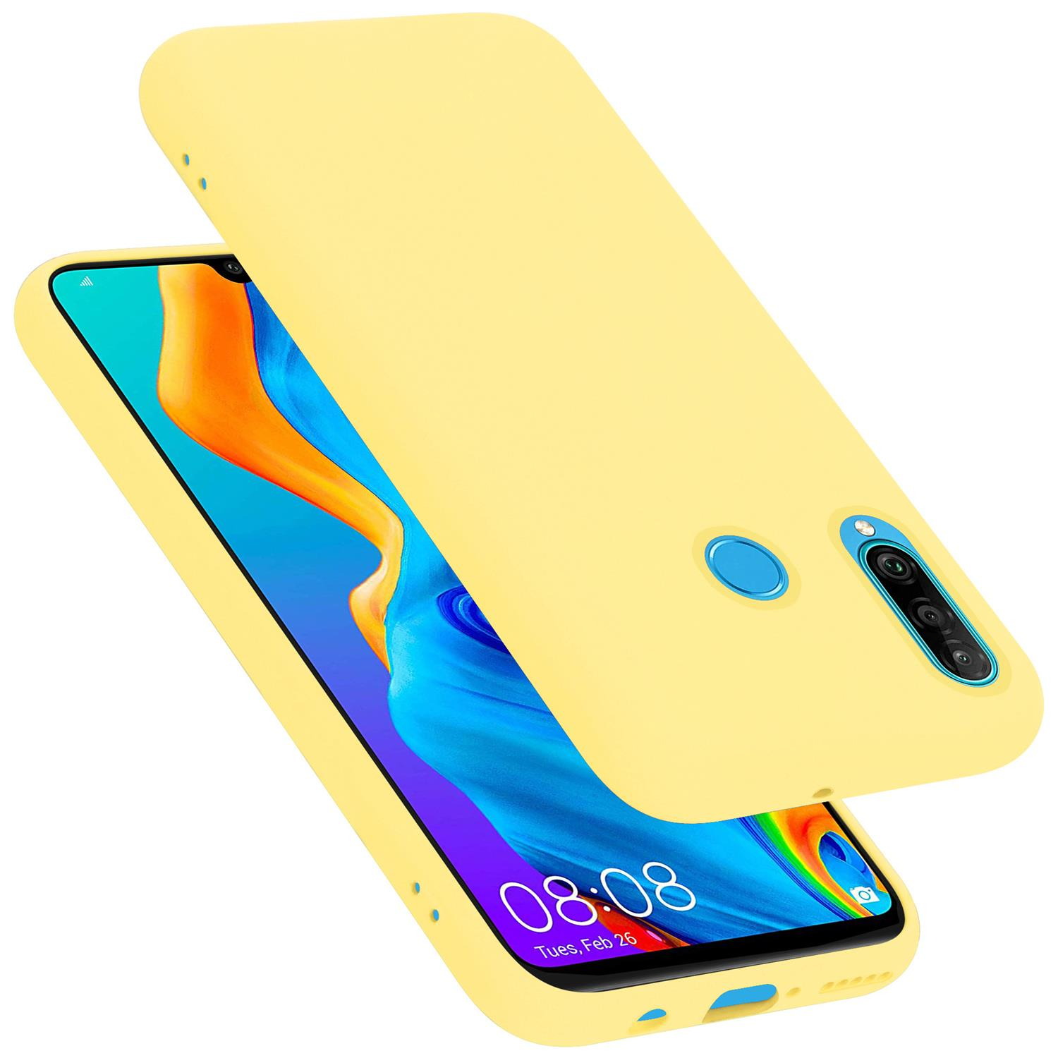 Custodia gialla per telefono. La custodia del telefono è gialla e lo schermo del telefono è visibile.