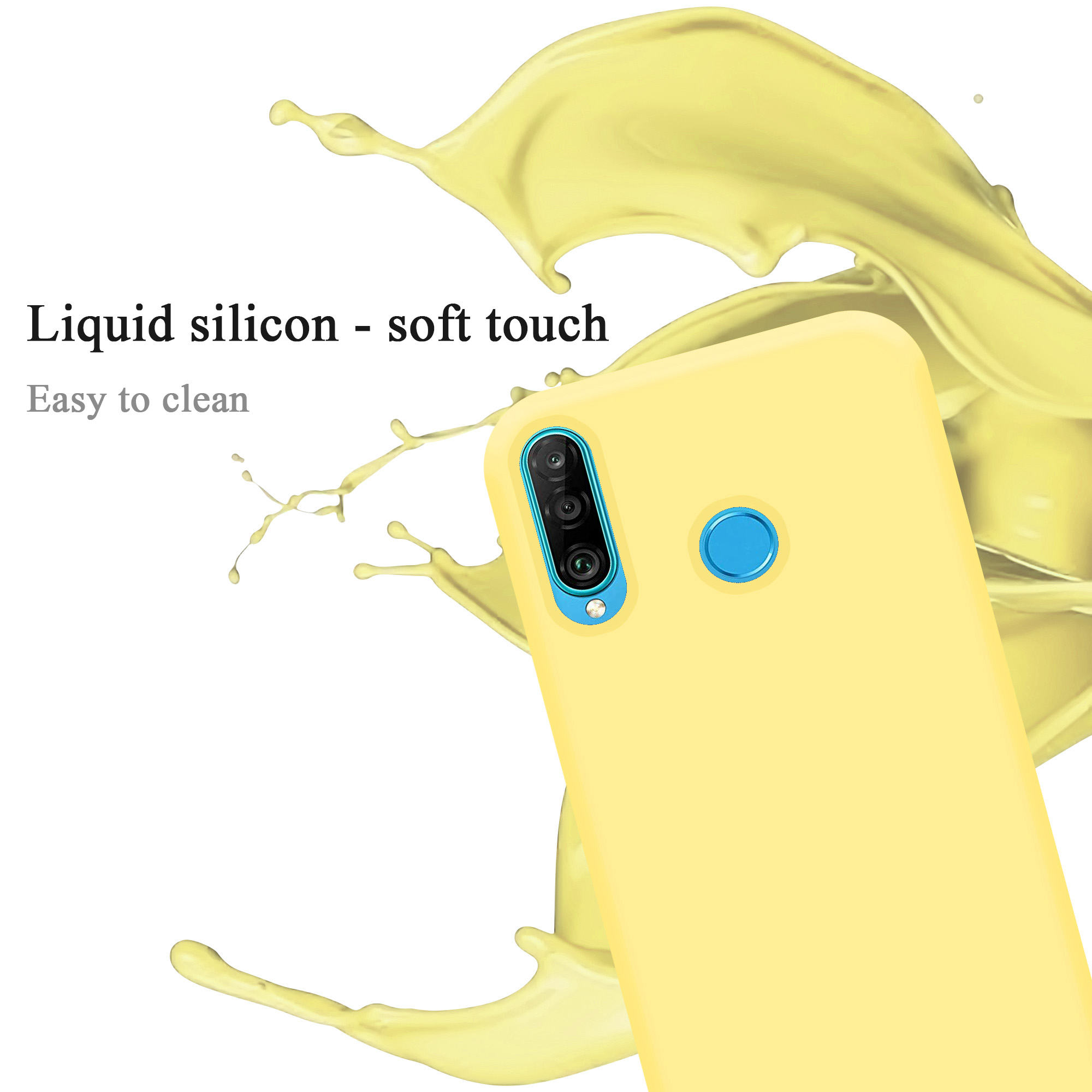 Custodia per telefono gialla con uno spruzzo di vernice gialla accanto, che mostra il soft touch.