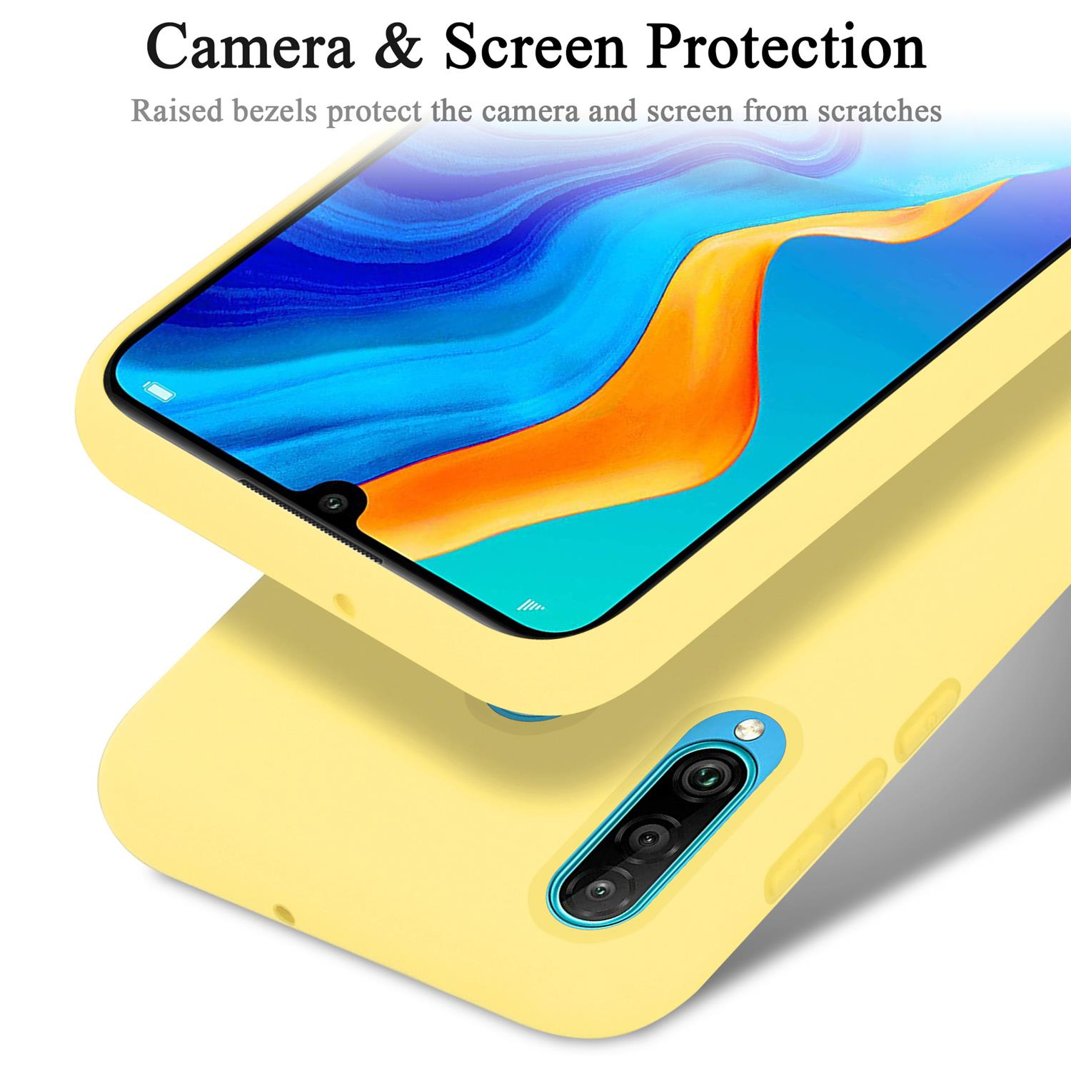 Custodia gialla per telefono con un telefono. La custodia protegge la fotocamera e lo schermo.