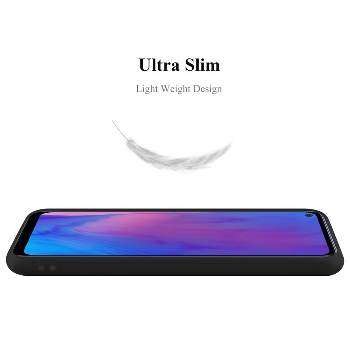 Custodia nera. Una piuma fluttua sopra. Testo: "Ultra Slim" e "Light Weight Design".