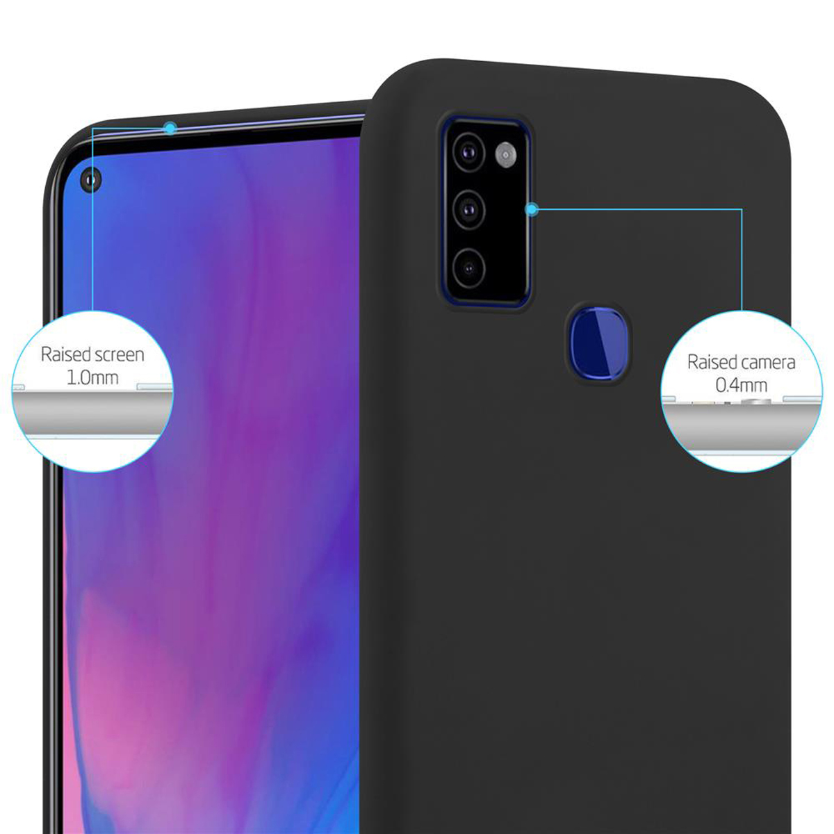 Custodia nera per telefono con telefono all'interno. I dettagli della fotocamera e dello schermo sono visibili. Sfondo bianco.