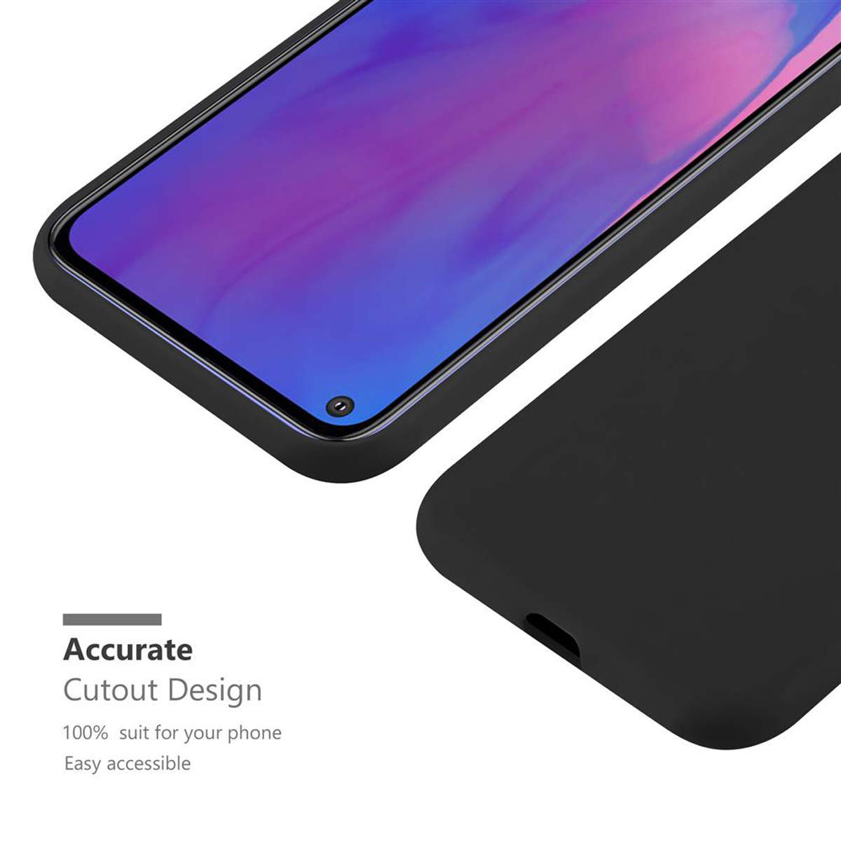 Una custodia per telefono nera che mostra lo schermo del telefono. Il design è preciso e la custodia è di facile accesso.