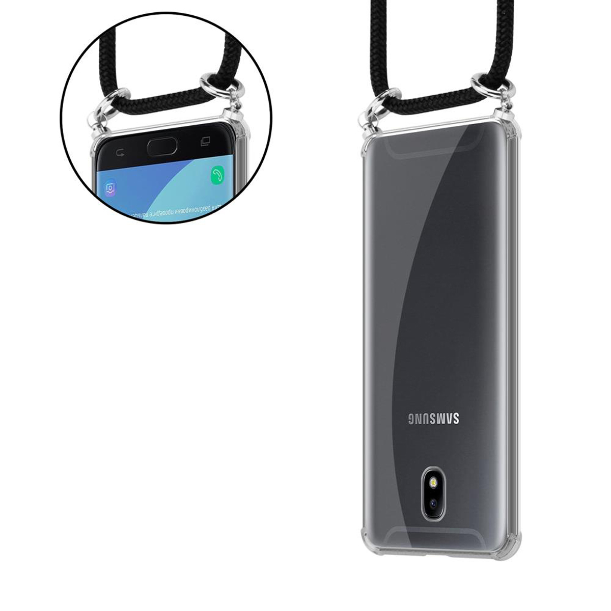 Ein Telefon in einer durchsichtigen Hülle mit schwarzem Lanyard. Der Bildschirm zeigt den Startbildschirm.