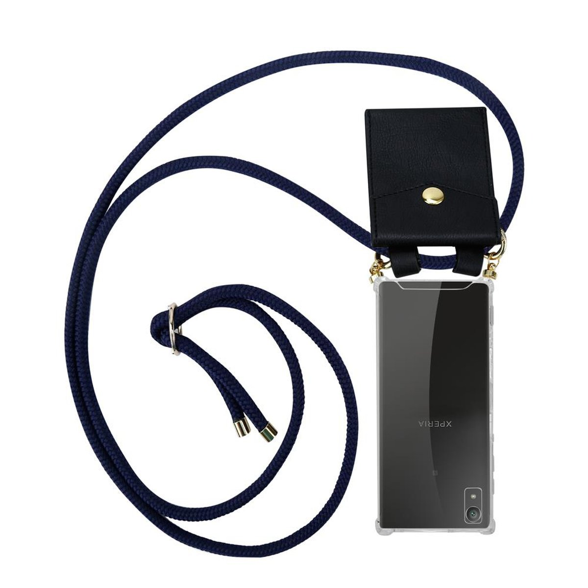 Eine Handyhülle mit marineblauem Band, schwarzem Halter und transparentem Telefon.