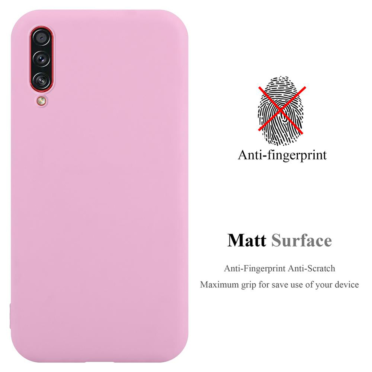Rosa Handyhülle mit Text und Fingerabdrucksymbol. Text: Anti-Fingerabdruck, Matt Oberfläche.