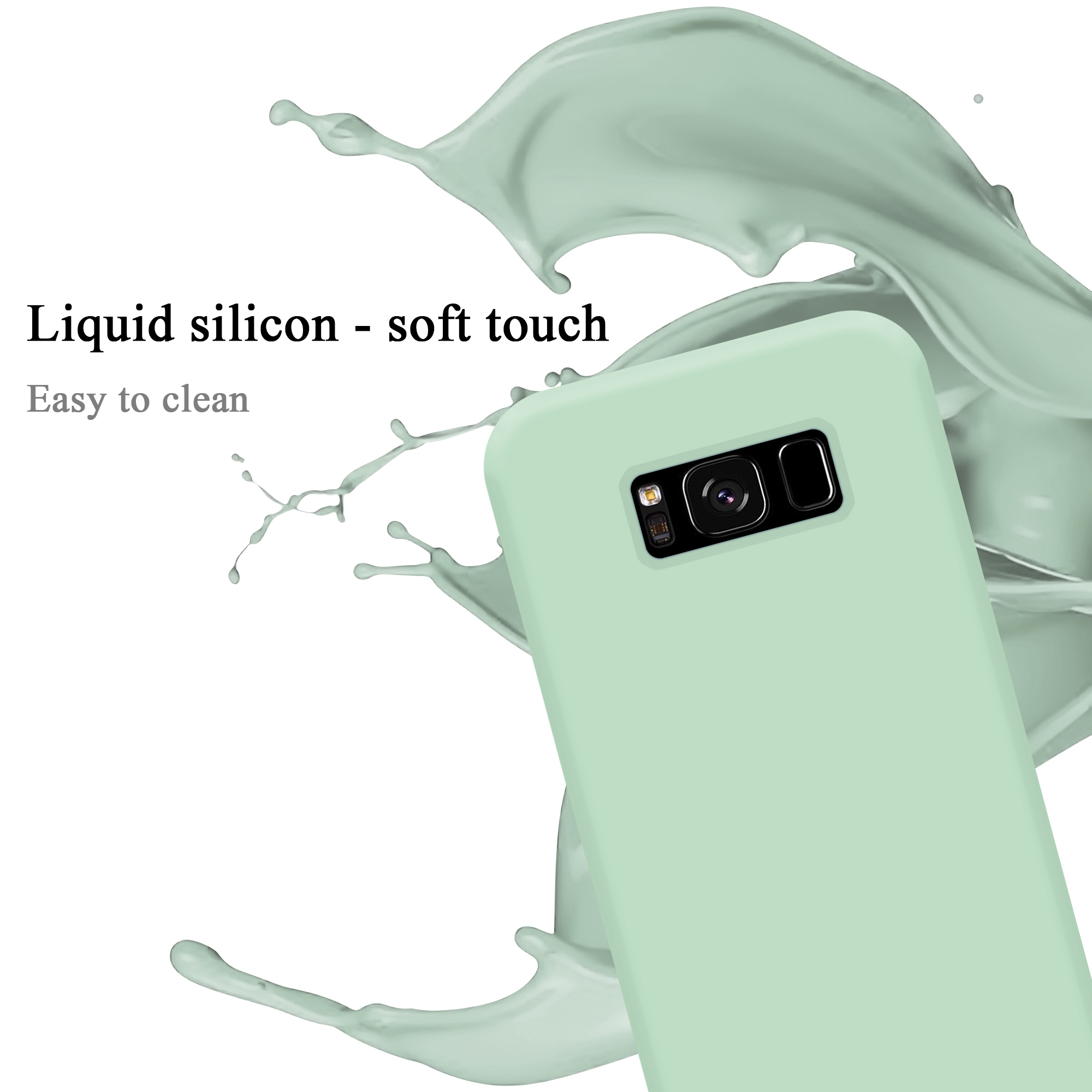 Minzgrüne Handyhülle mit Kamera und den Worten Flüssigsilikon - Soft-Touch. Einfach zu reinigen.