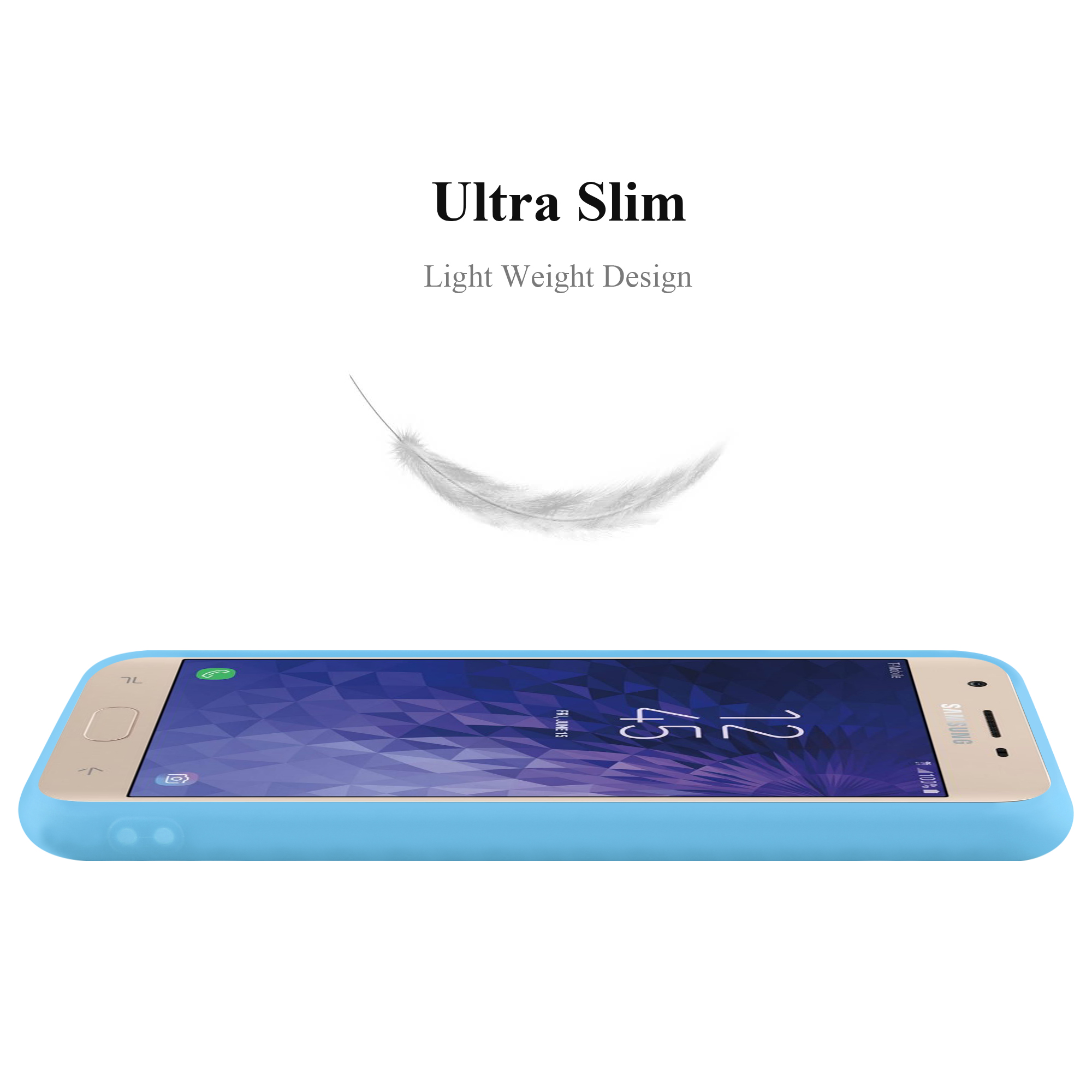Custodia blu per telefono su sfondo bianco. Una piuma fluttua sopra.