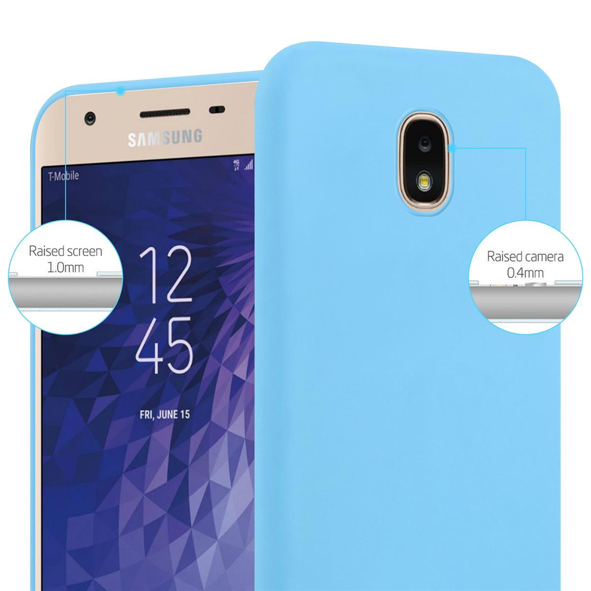 Viene mostrato un telefono con una custodia blu. La custodia ha bordi rialzati per lo schermo e la fotocamera.