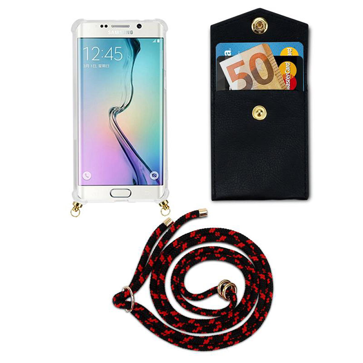 Telefono con custodia trasparente e custodia nera con carte. È presente anche un cinturino rosso/nero.