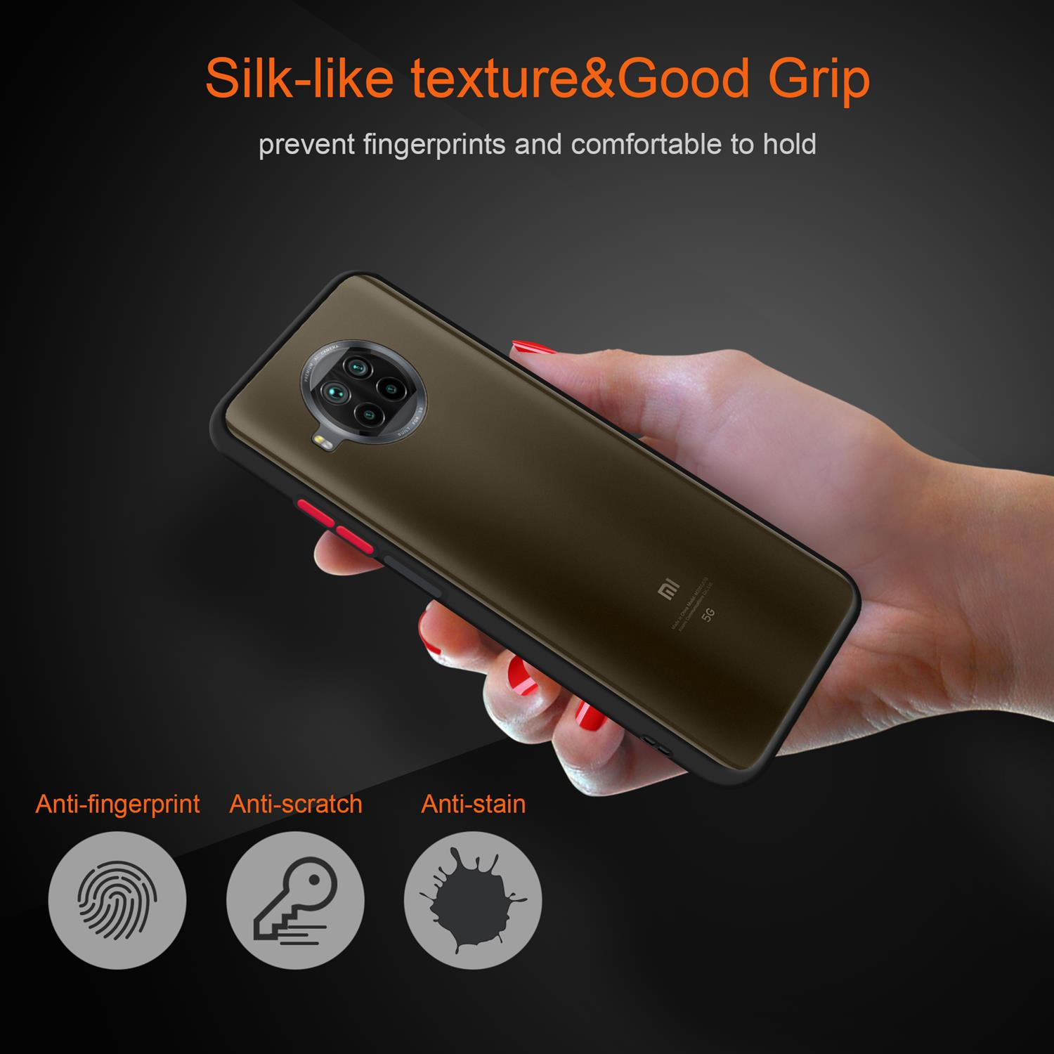 Hand hält Handy mit Hülle. Schwarzer Hintergrund. Text: Silk-like texture&Good Grip, Anti-fingerprint.