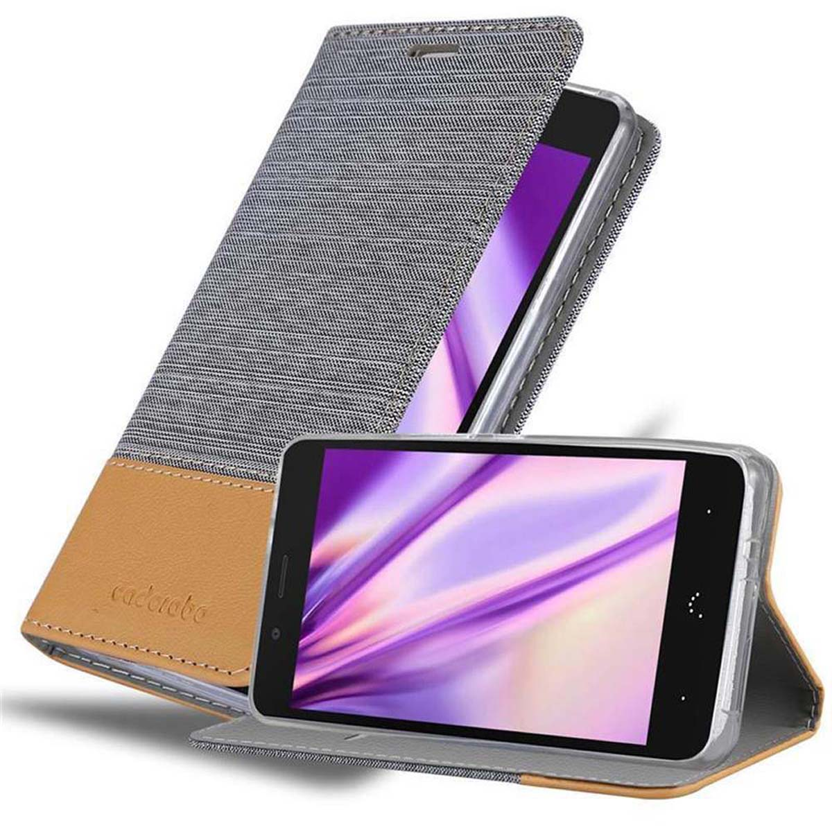 Una funda para teléfono con cubierta gris y base de cuero marrón, con un teléfono dentro.