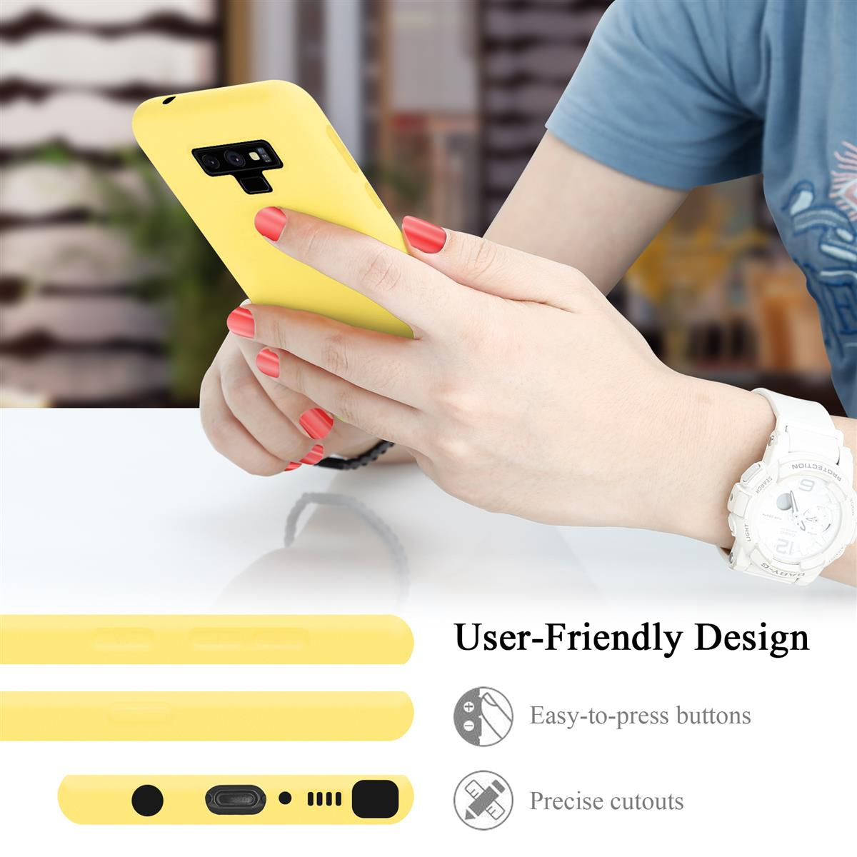 Eine Frau, die ein gelbes Telefon hält. Benutzerfreundliches Design steht auf dem Bild.