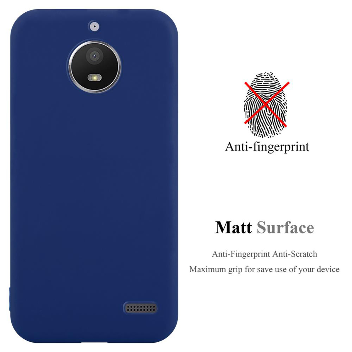Custodia blu per telefono. Vengono evidenziate le caratteristiche anti-impronta e superficie opaca.