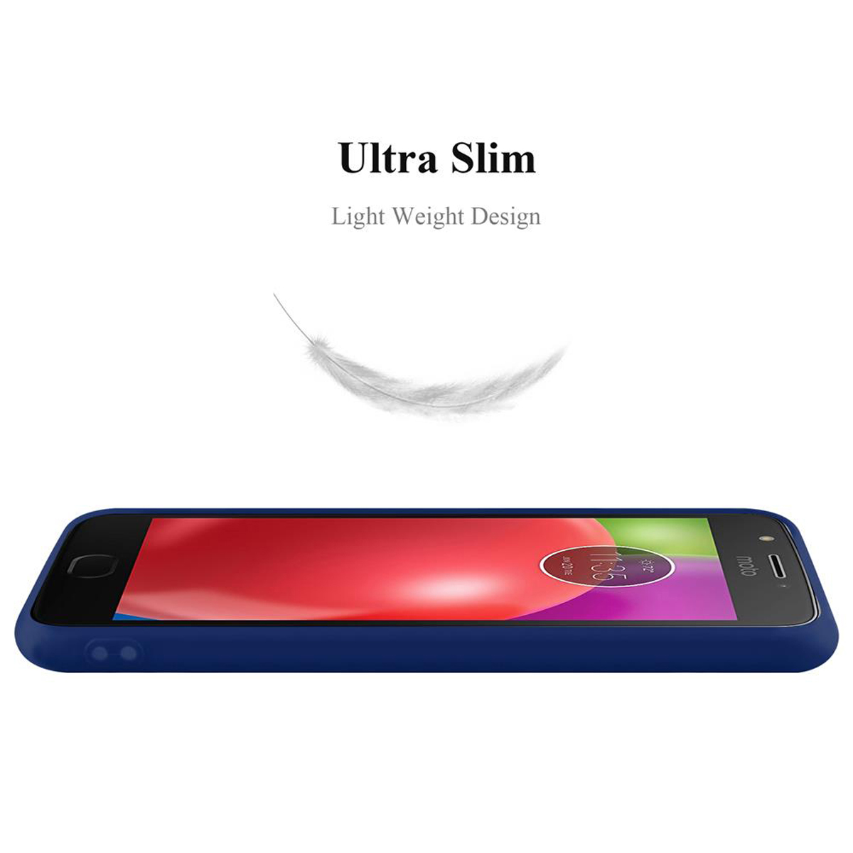 Telefono con custodia. Piuma bianca. Testo: Ultra Slim, design leggero.