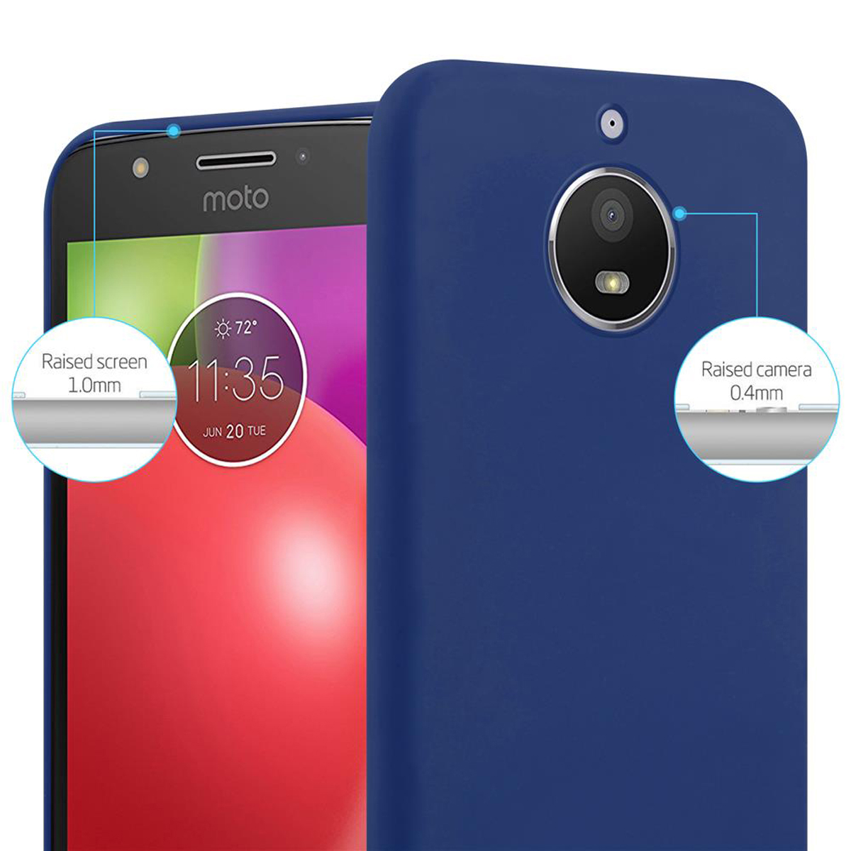 Custodia blu con telefono, annotazioni schermo e fotocamera.