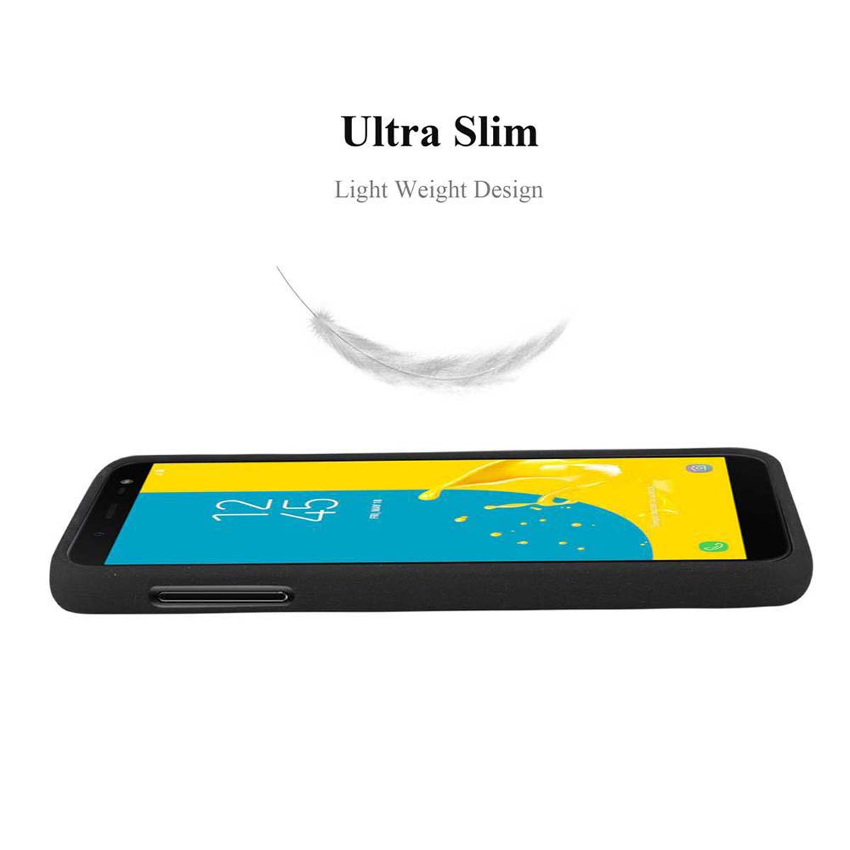 Telefono nero in custodia, su superficie bianca. Testo: 'Ultra Slim'.