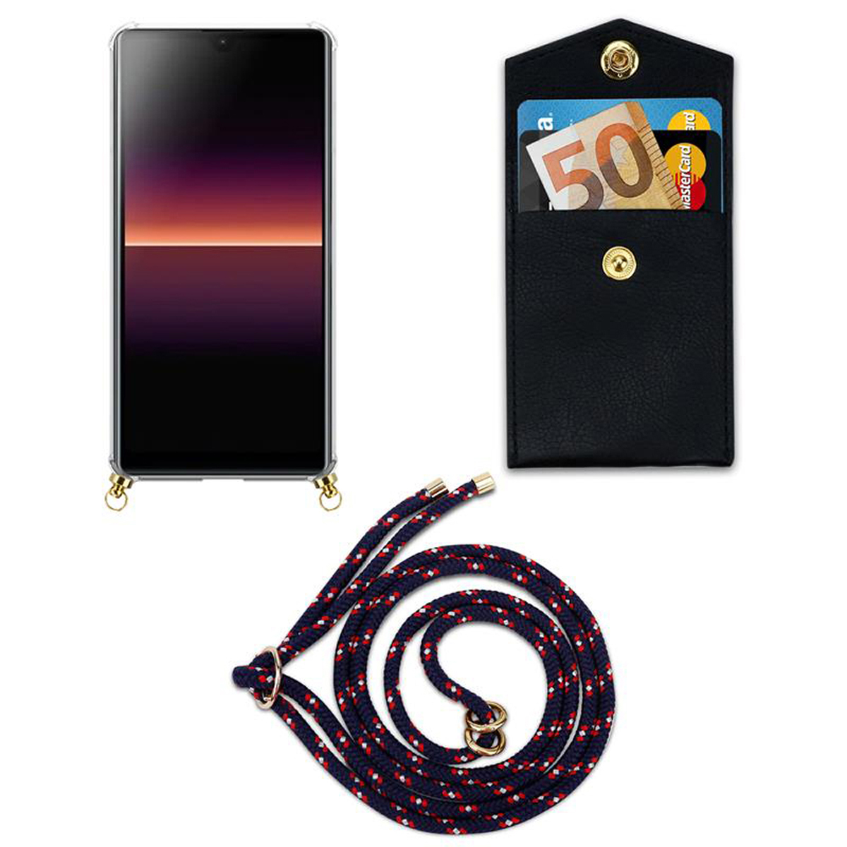 Un telefono, un portafoglio nero con soldi e un cordino con un cordino blu e rosso.