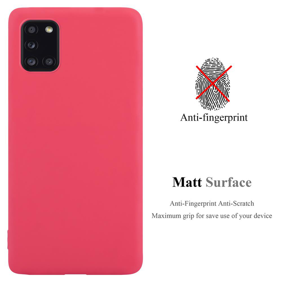 Custodia per telefono rossa con superficie opaca e anti-impronta. Lo sfondo è bianco e ha una grafica di impronte digitali.