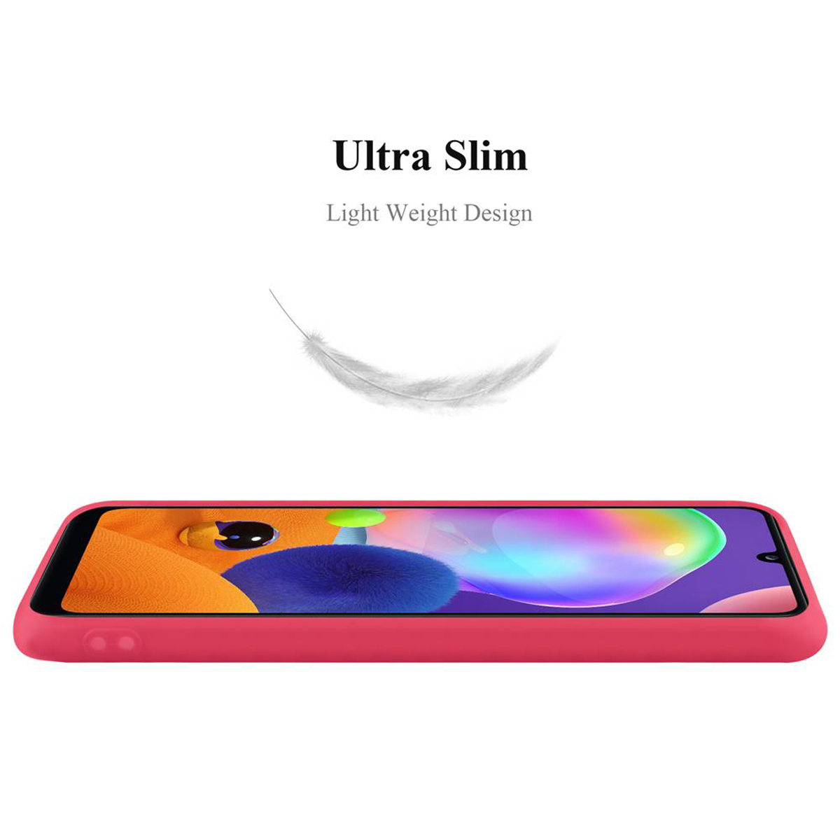 Custodia per telefono rossa. Il telefono è dentro. Testo 'Ultra Slim' e 'Light Weight Design' visibili.