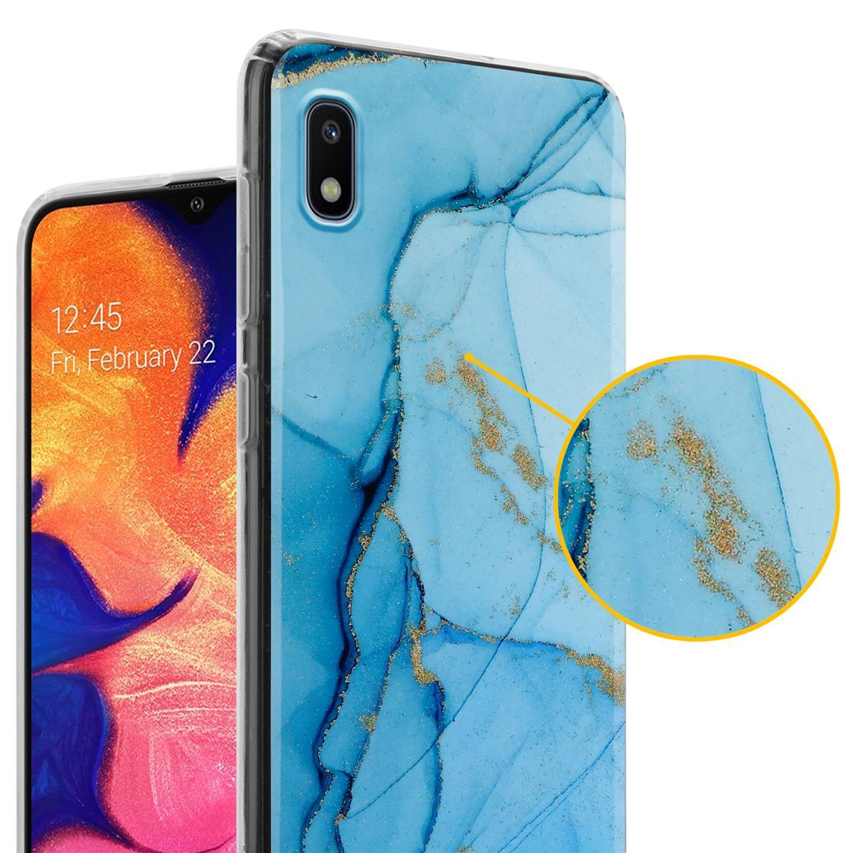 Custodia per telefono con design a marmo blu, con un telefono all'interno. Mostra la data.