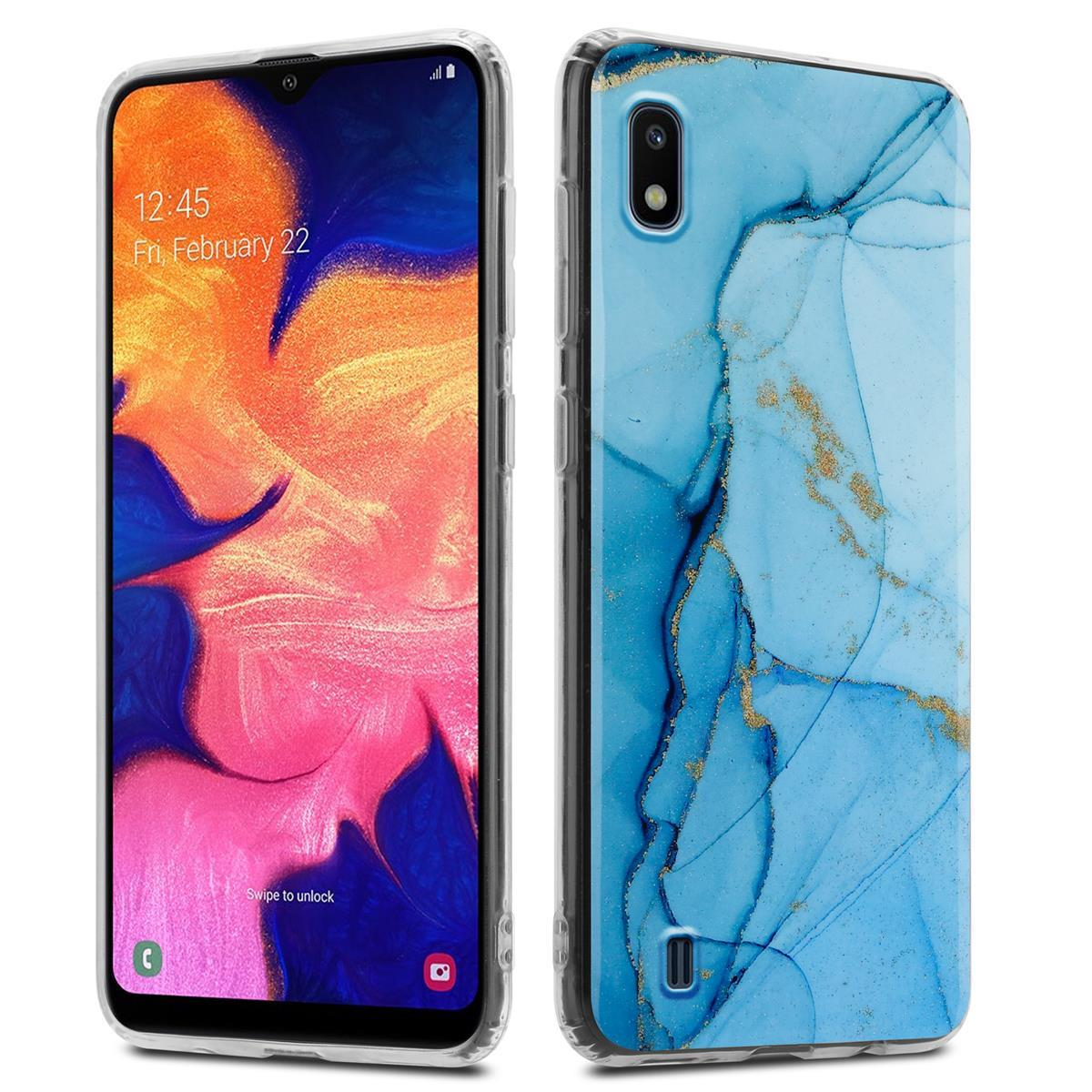 Telefono con custodia. Design marmoreo con colori blu e oro.