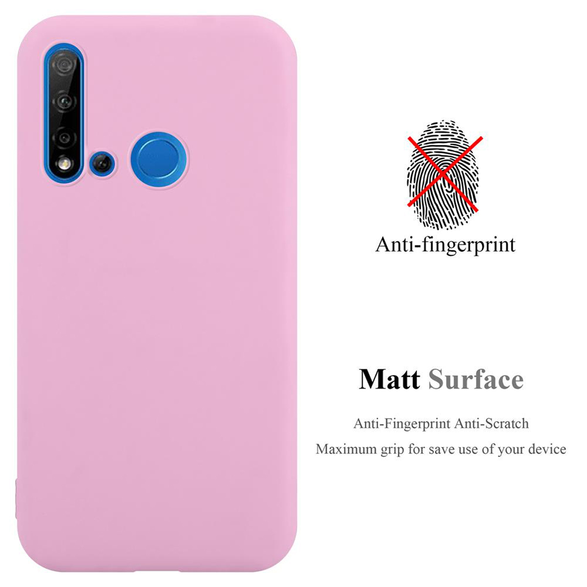 Una custodia per telefono rosa chiaro con fotocamera, con testo e icona anti-impronta.
