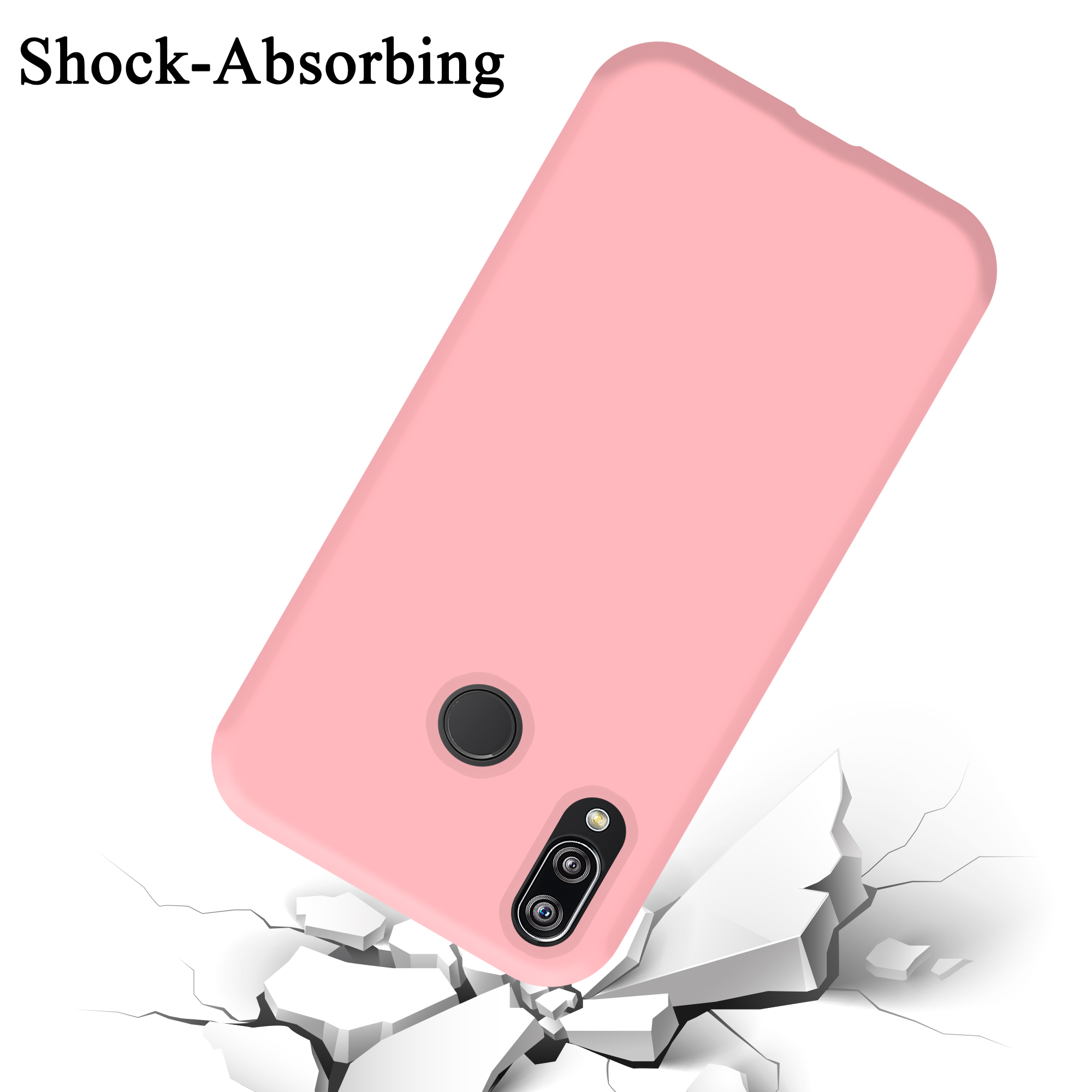 Una custodia per telefono rosa che cade su cemento crepato. Il testo dice: Assorbimento degli urti.