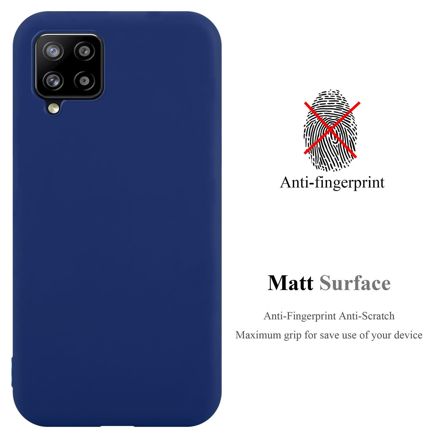 Dunkelblaue Handyhülle mit Text über ihre Eigenschaften und Anti-Fingerprint.