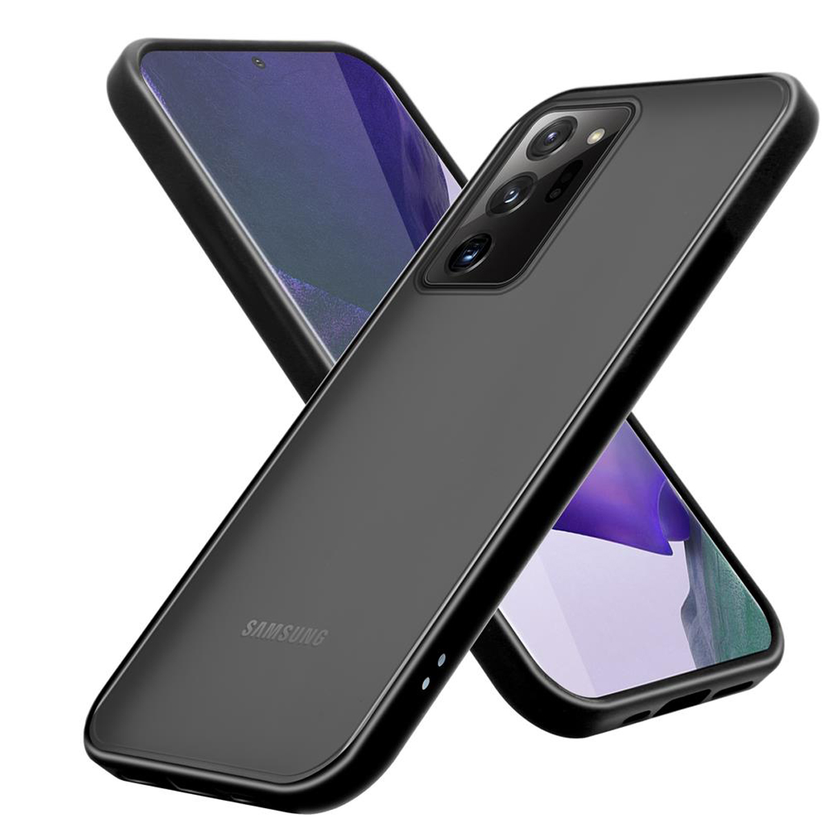 Deux coques de téléphone, une devant l'autre. Les deux sont noires.