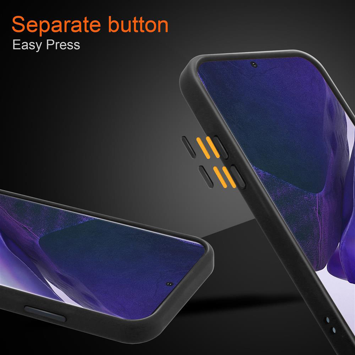 Zwei Handyhüllen, eine zeigt einen Knopf an der Seite, die andere Details des Designs.