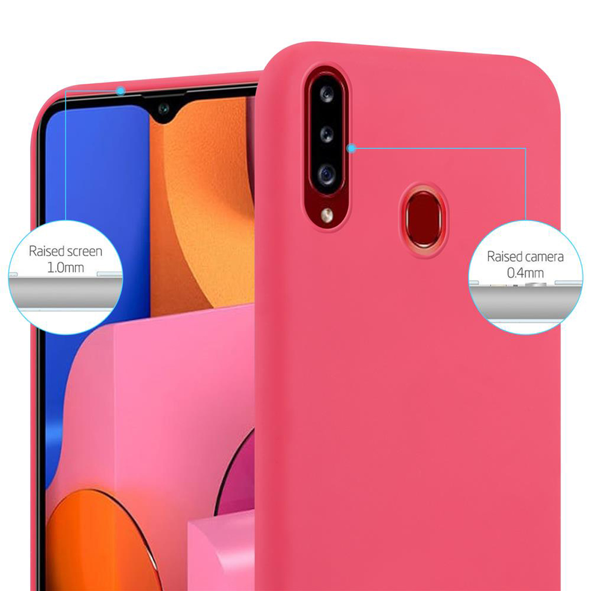 Un telefono rosa con una custodia rosa. Dettagli sullo schermo e sulla fotocamera.
