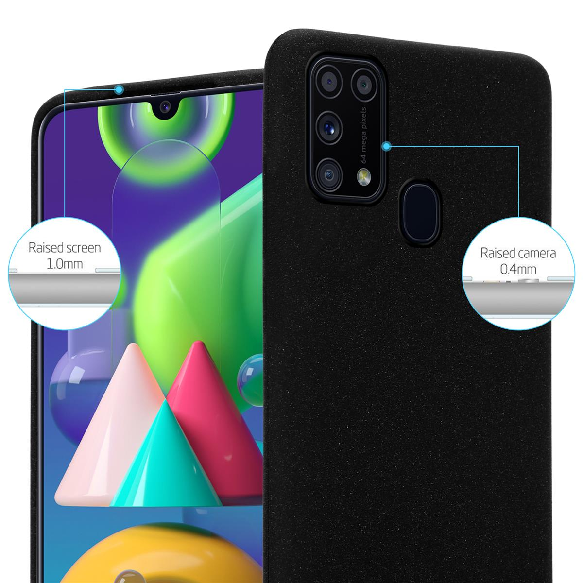 Custodia per telefono nera con protezione schermo e fotocamera rialzate. Sfondo bianco.