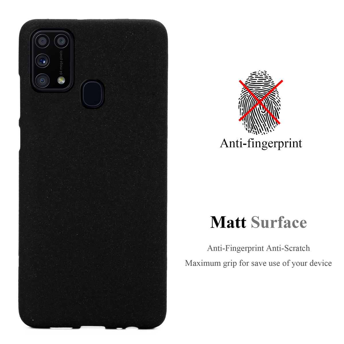 Custodia per telefono nera con simbolo impronta digitale e testo: Anti-impronta, Superficie opaca.