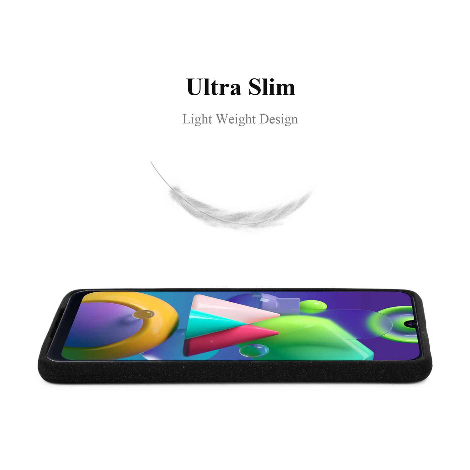 Custodia per telefono con testo Ultra Slim e una piuma, su sfondo bianco. Forme colorate sullo schermo.