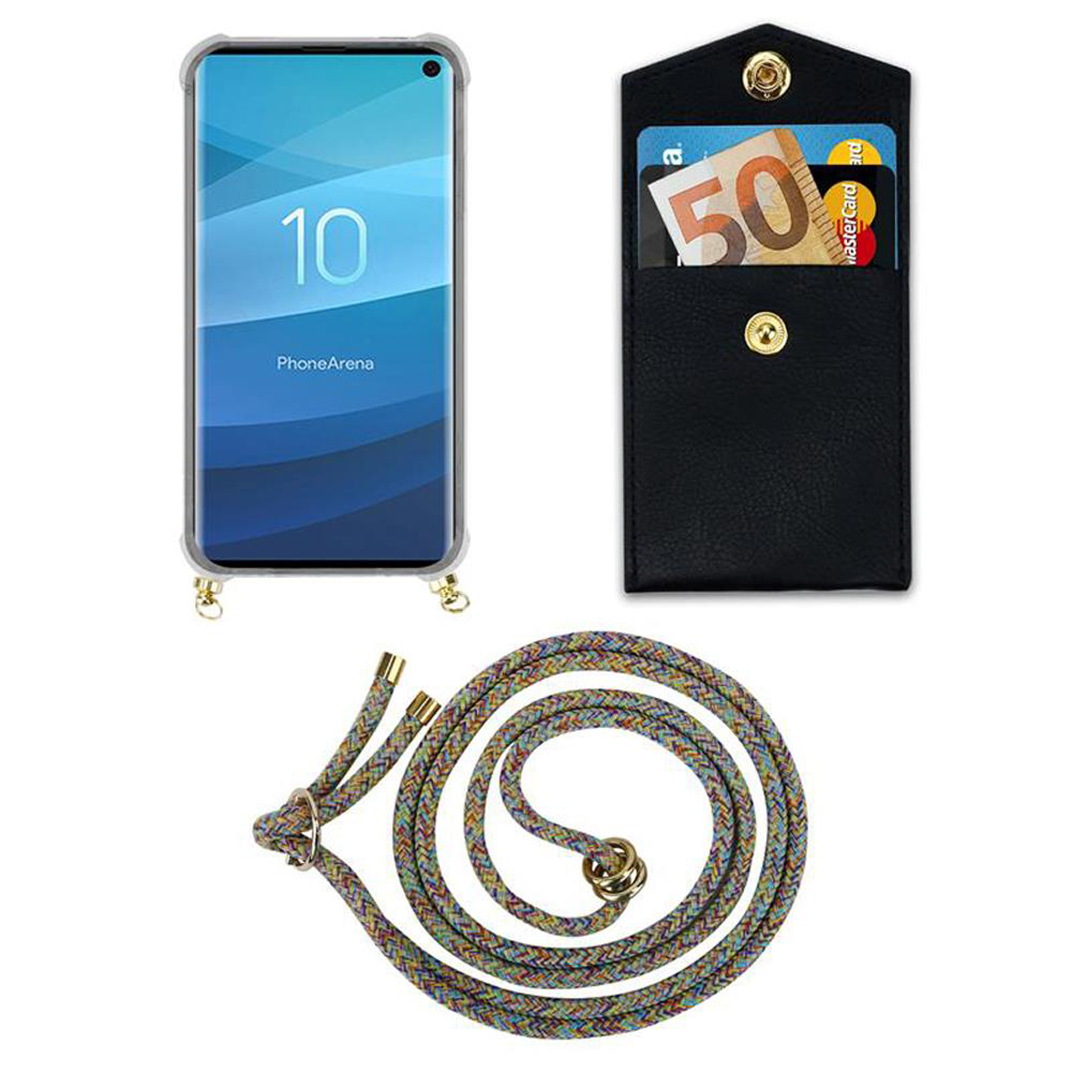 Telefono con cordino e custodia a portafoglio, mostra schermo e portafoglio con carte e denaro.