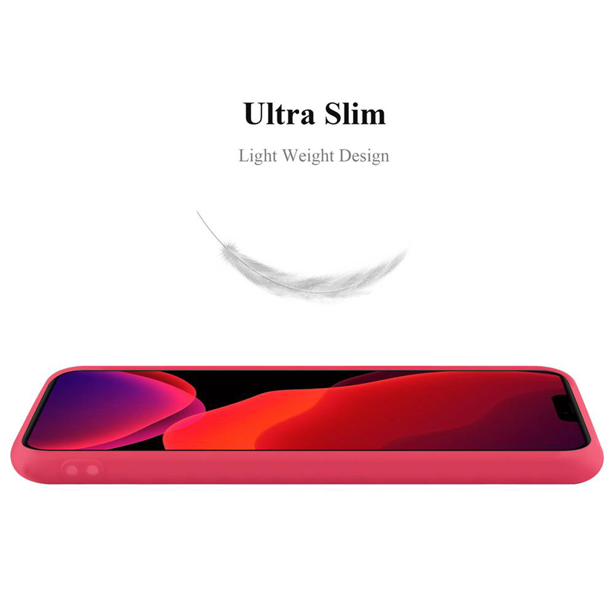 Vista laterale di una custodia per telefono rossa con testo 'Ultra Slim, Light Weight Design'.