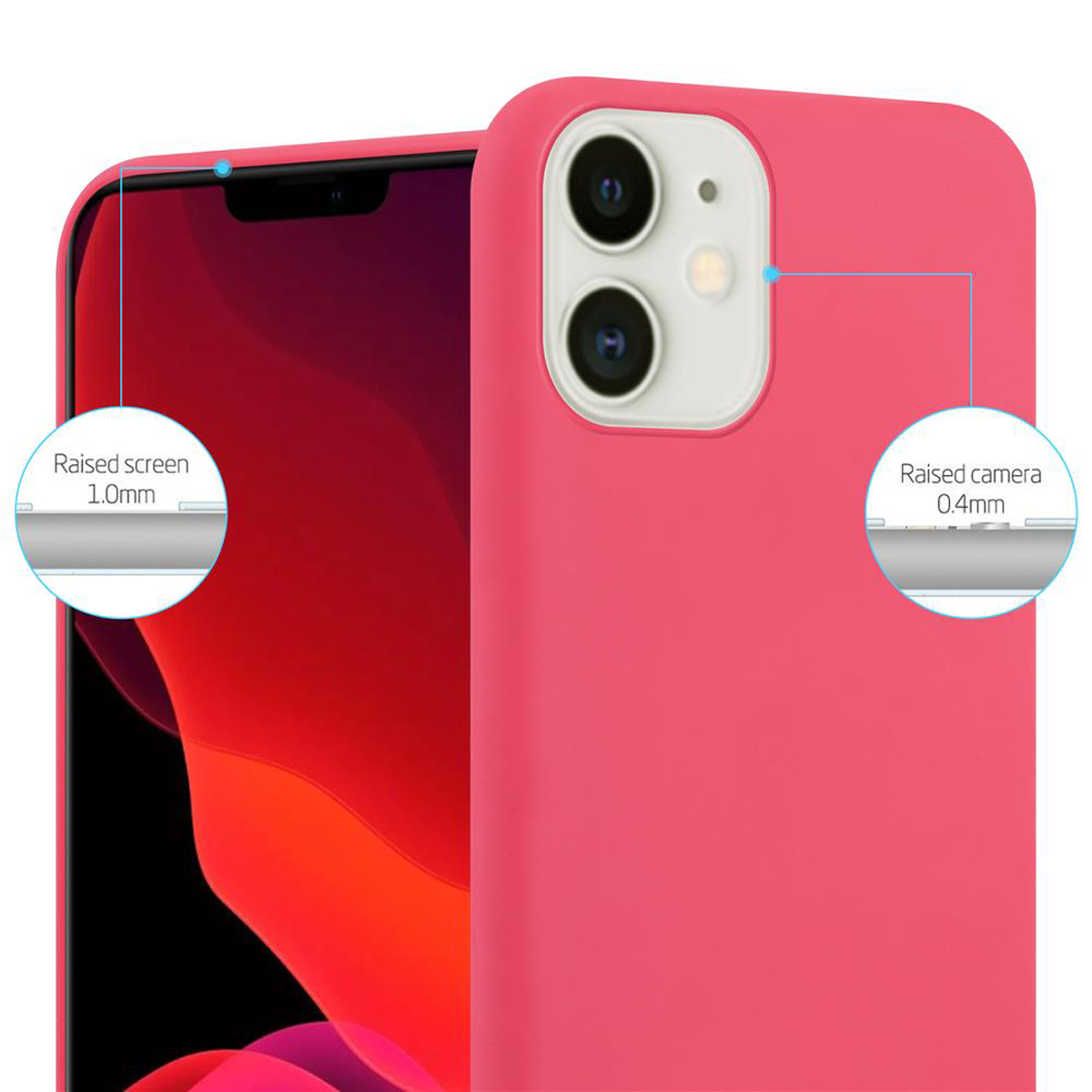 Custodia rosa per telefono con protezione schermo e fotocamera rialzati. Lo schermo mostra un'interfaccia rossa.